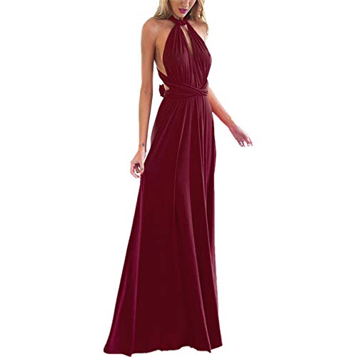 Damen Elegant Brautjungfernkleid Multiway V-Ausschnitt Rückenfrei Partykleid Ärmellos Schulterfrei Bodenlang Cocktailkleid Sommerkleid Formal Festlich Abendkleid Abschlussball Ballkleid Weinrot L von IMEKIS