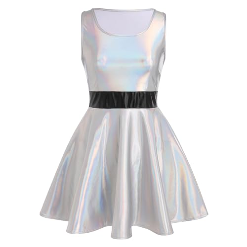 Damen Gl�nzend Metallic Minikleid A Linie �rmellos Holografisch Faltenkleid Disco Nachtclub Tanz Partykleid Halloween Karneval Alien Kost�m Space Girls Rave Outfit Silber+Schwarz S von IMEKIS