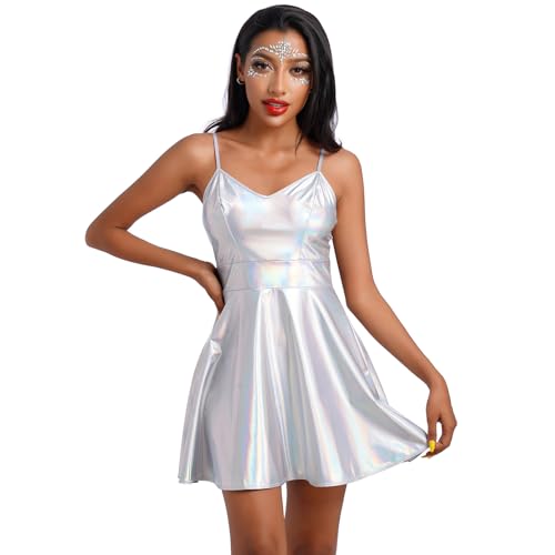 Damen Gl?nzend Metallic Minikleid A Linie ?rmellos Holografisch Faltenkleid Disco Nachtclub Tanz Partykleid Halloween Karneval Alien Kost?m Space Girls Rave Outfit Silber M von IMEKIS