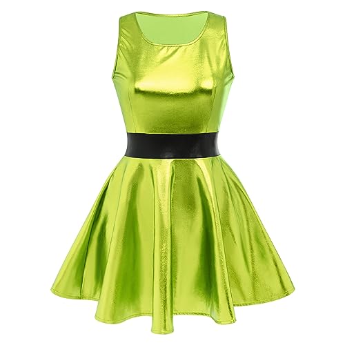 Damen Glänzend Metallic Minikleid A Linie Ärmellos Holografisch Faltenkleid Disco Nachtclub Tanz Partykleid Halloween Karneval Alien Kostüm Space Girls Rave Outfit Grün L von IMEKIS