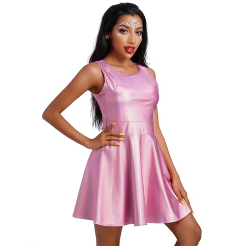 Damen Glänzend Metallic Minikleid A Linie Ärmellos Holografisch Faltenkleid Disco Nachtclub Tanz Partykleid Halloween Karneval Alien Kostüm Space Girls Rave Outfit Rosa XL von IMEKIS