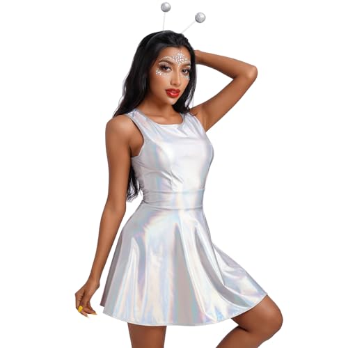 Damen Gl?nzend Metallic Minikleid A Linie ?rmellos Holografisch Faltenkleid Disco Nachtclub Tanz Partykleid Halloween Karneval Alien Kost?m Space Girls Rave Outfit Silber+Stirnband S von IMEKIS