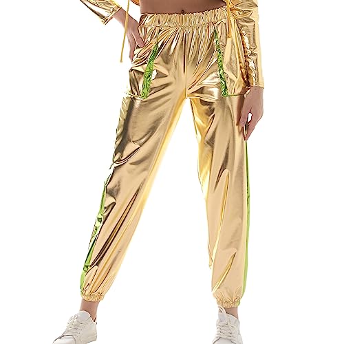 Damen Glänzend Wetlook Hose Metallic Hohe Taille Cargohose Holographisch Hip Hop Tanzhose Lackleder Jogger Hose Streethose Nachtclub Disco Clubwear mit Taschen Gold+Grün M von IMEKIS