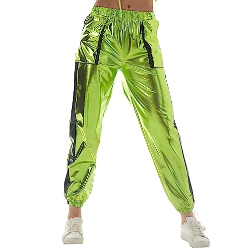 Damen Glänzend Wetlook Hose Metallic Hohe Taille Cargohose Holographisch Hip Hop Tanzhose Lackleder Jogger Hose Streethose Nachtclub Disco Clubwear mit Taschen Grün+Schwarz M von IMEKIS