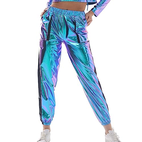 Damen Glänzend Wetlook Hose Metallic Hohe Taille Cargohose Holographisch Hip Hop Tanzhose Lackleder Jogger Hose Streethose Nachtclub Disco Clubwear mit Taschen Holographisch Blau XL von IMEKIS