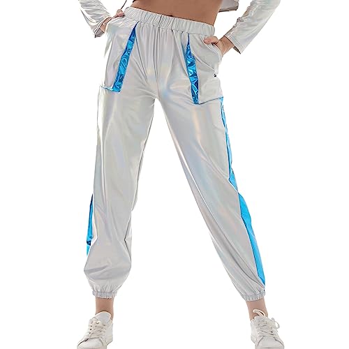 Damen Glänzend Wetlook Hose Metallic Hohe Taille Cargohose Holographisch Hip Hop Tanzhose Lackleder Jogger Hose Streethose Nachtclub Disco Clubwear mit Taschen Holographisch Silber L von IMEKIS