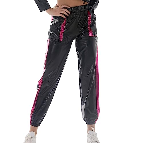 Damen Glänzend Wetlook Hose Metallic Hohe Taille Cargohose Holographisch Hip Hop Tanzhose Lackleder Jogger Hose Streethose Nachtclub Disco Clubwear mit Taschen Schwarz+Rose L von IMEKIS