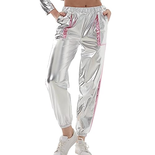 Damen Glänzend Wetlook Hose Metallic Hohe Taille Cargohose Holographisch Hip Hop Tanzhose Lackleder Jogger Hose Streethose Nachtclub Disco Clubwear mit Taschen Silber+Rosa M von IMEKIS