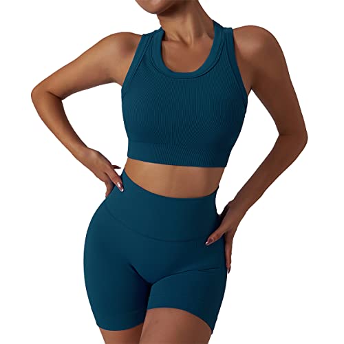 Damen Gym Set Zwei Stücke Trainingsanzüge Athletische Workout Outfit Nahtlose Yoga Anzug Gerippte Racerback Sport BH mit Hoher Taille Shorts Einfarbige Slim Fit Running Sport Activewear Blauer See M von IMEKIS