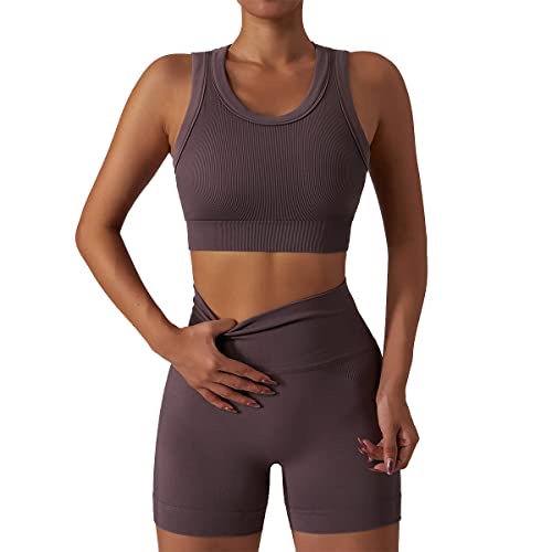 Damen Gym Set Zwei Stücke Trainingsanzüge Athletische Workout Outfit Nahtlose Yoga Anzug Gerippte Racerback Sport BH mit Hoher Taille Shorts Einfarbige Slim Fit Running Sport Activewear Braun S von IMEKIS