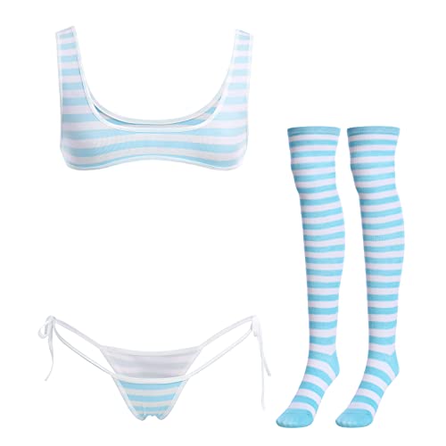 Damen Kawaii Anime Dessous Set Halfter Träger Micro BH Tiny Panty Garter Belt Gestreifte Strümpfe 4 Stück Unterwäsche Outfit, Blau – breiter Riemen, Einheitsgröße von IMEKIS