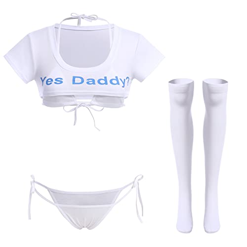 Damen Kawaii Anime Dessous Set Halfter Träger Micro BH Tiny Panty Garter Belt Gestreifte Strümpfe 4 Stück Unterwäsche Outfit, Weiß – Yes Daddy, Einheitsgröße von IMEKIS