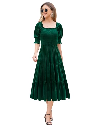 Damen Kurzarm Samt Kleid A-Linie Empire Taille Gesmokte Rüschen Midi Kleid Elegante Cocktailkleid Hochzeit Partykleid für Frühling Sommer Grün L von IMEKIS