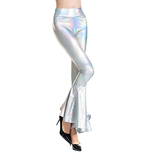 Damen Lang Leggins 70er Jahre Hippie-Hosen Schlaghose Trompetenhosen Hoch Taille Einfarbig Wet Look Glänzend Weites Bein Yogahosen Nachtclub Disco Kleidung Meerjungfrau Tanz Kostüm Laser Silber XL von IMEKIS