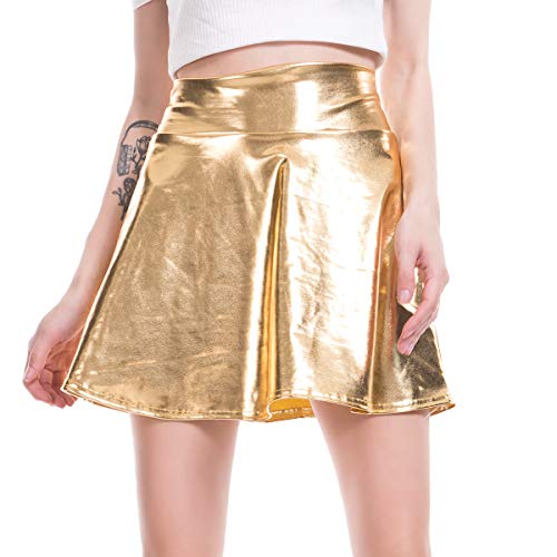 Damen A-Linie Minirock Einfarbig Hohe Taille Faltenrock Metallisch Glänzend Skater Rock Kurz Flared Ausgestelltes Rock Hippie Plisseeskirt Abend Tanz Party Clubwear Gold M von IMEKIS