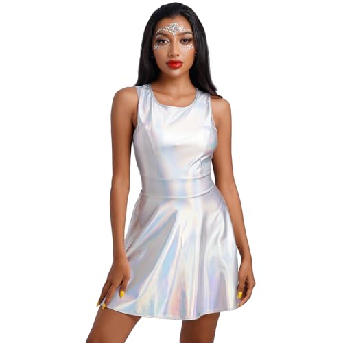 Damen Mädchen Anime Halloween Kostüm Rave Outfit Metallic Mini Skater Kleid Cosplay 80er Jahre Geburtstag Outfit, Holografisches Silber, Mittel von IMEKIS