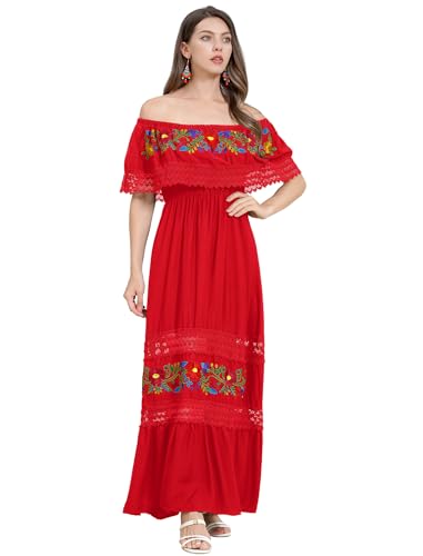 Damen Mexikanisches Kleid Off Shoulder Blumen Stickerei Kleid A-Linie Rüschen Lange Maxi Sommerkleid Strandkleid Boho Urlaub Kleid Totenfest Halloween Karneval Verkleiden Rot XL von IMEKIS