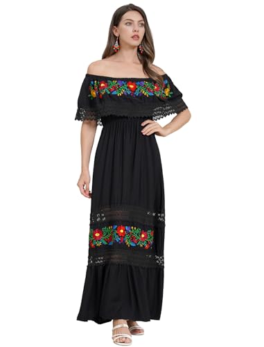 Damen Mexikanisches Kleid Off Shoulder Blumen Stickerei Spitze Kleid A-Linie R?schen Lange Maxi Sommerkleid Boho Strand Urlaub Kleid Totenfest Halloween Karneval Verkleiden Schwarz XL von IMEKIS