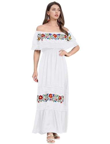 Damen Mexikanisches Off Shoulder Kleid - Blumen Stickerei Spitze A-Linie Rüschen Lange Maxi Sommerkleid - Boho Strand Urlaub Totenfest Halloween Karneval Verkleiden - Weiß M von IMEKIS