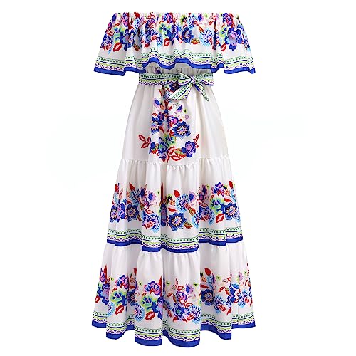 Damen Mexikanisches Kleid Off Shoulder Blumendruck Kleid A-Linie Lange Maxi Sommerkleid Boho Strand Urlaub Kleid Fancy Totenfest Halloween Karneval Verkleiden Weiß L von IMEKIS