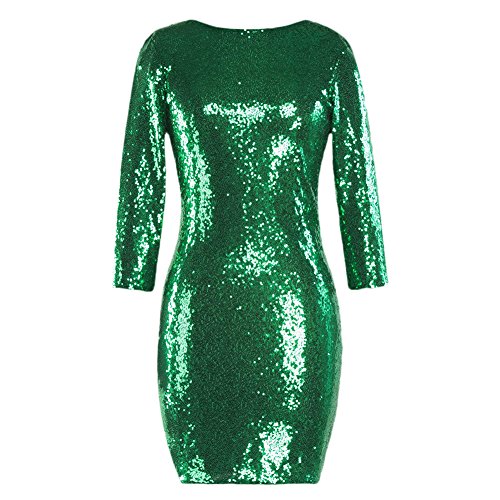 Damen Paillettenkleid Bodycon Minikleid Rundhals Langarm Rückenfrei Abendkleid Etuikleid Cocktailkleid Hochzeit Festlich Partykleid Ballkleid Glitzer Nachtclub Tragen Grün L von IMEKIS