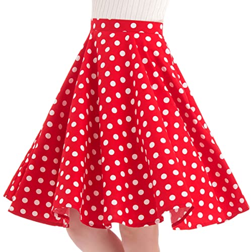 Damen Polka Dot Vintage Swing Rock 1950er Jahre Midirock Cocktail Abendkleid Kirsche Blumendruck Sommerrock A-Linie Empire-Taille Röcke Knielänge Tellerrock Rot L von IMEKIS