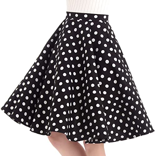 Damen Polka Dot Vintage Swing Rock 1950er Jahre Midirock Cocktail Abendkleid Kirsche Blumendruck Sommerrock A-Linie Empire-Taille Röcke Knielänge Tellerrock Schwarz XL von IMEKIS