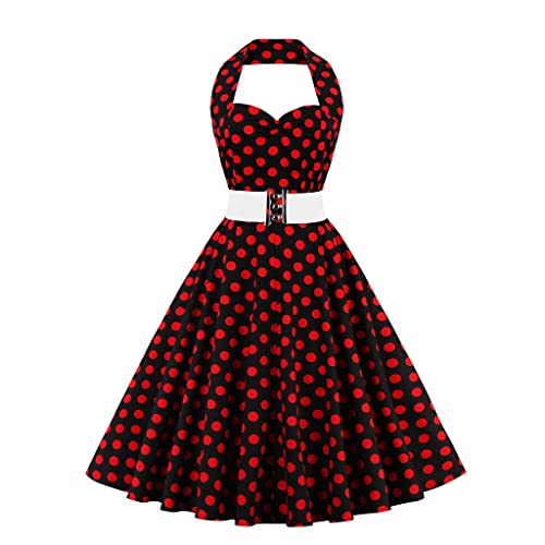 Damen Polka Dots Cocktail Abendkleid A-Linie Neckholder 1950er Jahre Vintage Retro Swing Kleid Ärmelloses Rockabilly Hochzeitskleid Knielang Ballkleid von IMEKIS