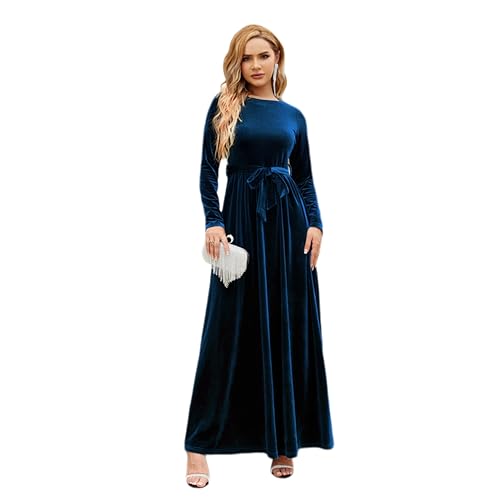 Damen Samt Weihnachtskleid A-Linie Festlich Maxikleid Langarm Rundhals Ausschnitt Herbst Winterkleid Elegante Hochzeitsfeier Cocktailkleid mit Gürtel Dunkelblau S von IMEKIS