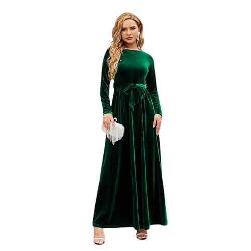 Damen Samt Weihnachtskleid A-Linie Festlich Maxikleid Langarm Rundhals Ausschnitt Herbst Winterkleid Elegante Hochzeitsfeier Cocktailkleid mit Gürtel Grün M von IMEKIS