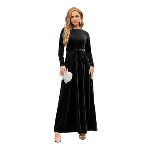 Damen Samt Weihnachtskleid A-Linie Festlich Maxikleid Langarm Rundhals Ausschnitt Herbst Winterkleid Elegante Hochzeitsfeier Cocktailkleid mit Gürtel Schwarz M von IMEKIS