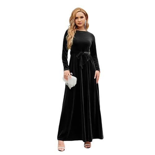 Damen Samt Weihnachtskleid A-Linie Festlich Maxikleid Langarm Rundhals Ausschnitt Herbst Winterkleid Elegante Hochzeitsfeier Cocktailkleid mit Gürtel Schwarz S von IMEKIS