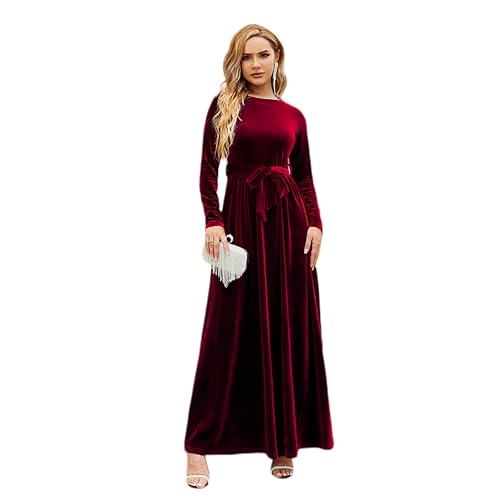 Damen Samt Weihnachtskleid A-Linie Festlich Maxikleid Langarm Rundhals Ausschnitt Herbst Winterkleid Elegante Hochzeitsfeier Cocktailkleid mit Gürtel Weinrot L von IMEKIS