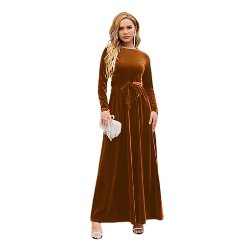 Damen Samt Weihnachtskleid A-Linie Langarm Rundhals Herbst Winter Elegant Hochzeit Party Cocktail Abendkleid mit Gürtel, braun, XL von IMEKIS