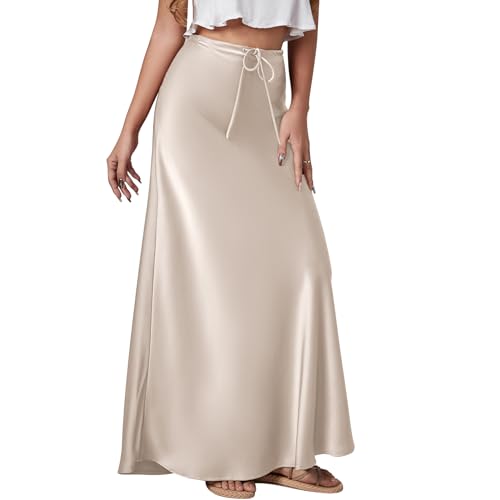 Damen Satin Rock A Linie Kordelzug Hohe Taille Rüschen Rock Einfarbige Seide Maxirock Business Sommerrock Elegant Formale Partyrock Beige S von IMEKIS