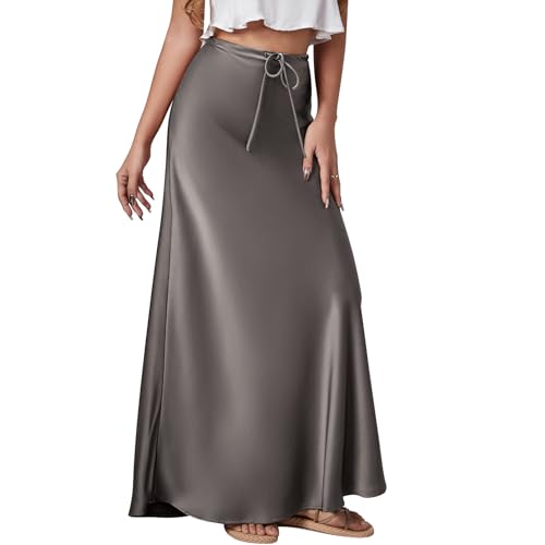 Damen Satin Rock A Linie Kordelzug Hohe Taille Rüschen Rock Einfarbige Seide Maxirock Business Sommerrock Elegant Formale Partyrock Grau L von IMEKIS
