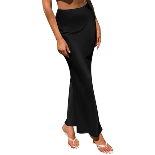 Damen Satin Seidenrock A Linie Elastische Hohe Taille R�sche Lange Maxirock Einfarbige Meerjungfrau Rock Formale Partyrock Schwarz XL von IMEKIS