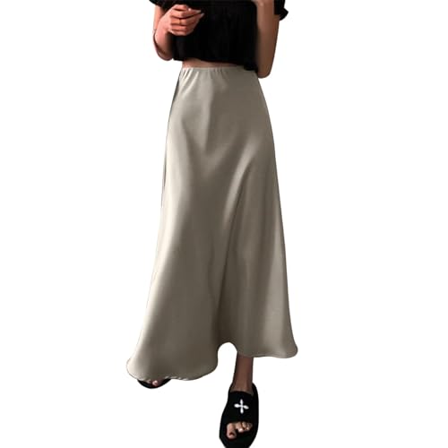 Damen Satin Seidenrock A Linie Elastische Hohe Taille Rüsche Lange Maxirock Einfarbige Meerjungfrau Rock Formale Partyrock Grau S von IMEKIS