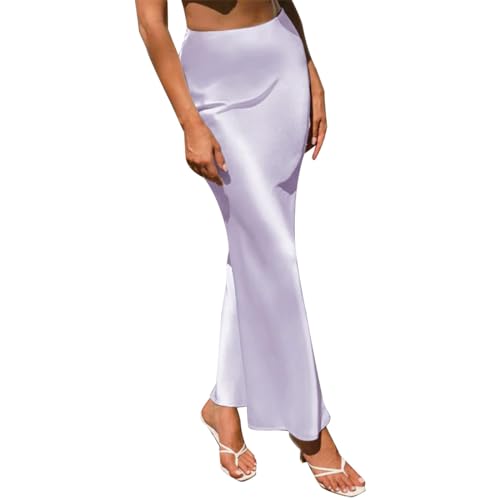 Damen Satin Seidenrock A Linie Elastische Hohe Taille Rüsche Lange Maxirock Einfarbige Meerjungfrau Rock Formale Partyrock Helllila L von IMEKIS