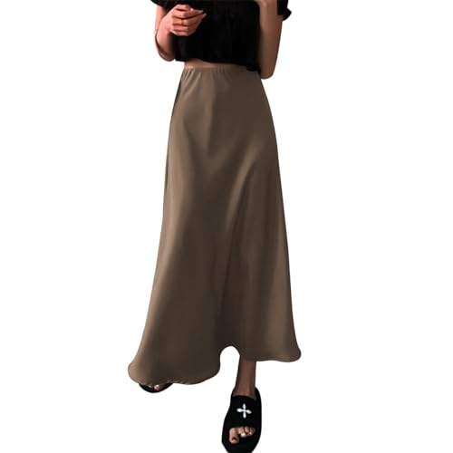 Damen Satin Seidenrock A Linie Elastische Hohe Taille Rüsche Lange Maxirock Einfarbige Meerjungfrau Rock Formale Partyrock Kaffee S von IMEKIS