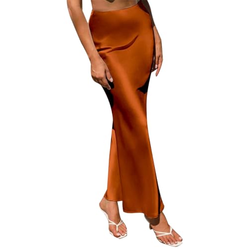 Damen Satin Seidenrock A Linie Elastische Hohe Taille Rüsche Lange Maxirock Einfarbige Meerjungfrau Rock Formale Partyrock Orange M von IMEKIS