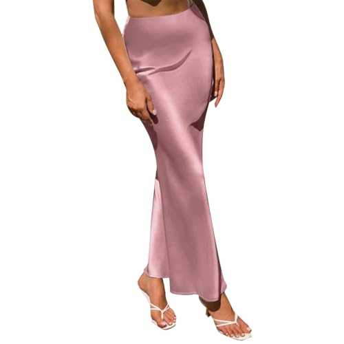 Damen Satin Seidenrock A Linie Elastische Hohe Taille Rüsche Lange Maxirock Einfarbige Meerjungfrau Rock Formale Partyrock Rosa XXL von IMEKIS