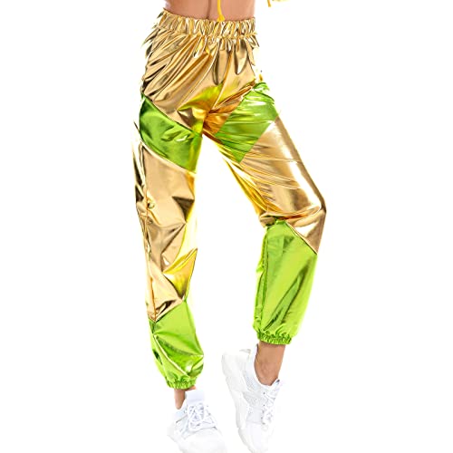 Damen Sporthose Taille Hose Cargohose Jogger Hose Glänzend Metallic Hip Hop Tanzhose mit Taschen Nachtclub Disco Dancewear Casual Streethose Golden-Grün Large von IMEKIS