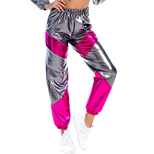 Damen Sporthose Taille Hose Cargohose Jogger Hose Gl?nzend Metallic Hip Hop Tanzhose mit Taschen Nachtclub Disco Dancewear Casual Streethose Grau-Rose Small von IMEKIS