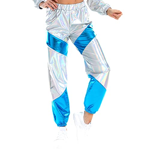 Damen Sporthose Taille Hose Cargohose Jogger Hose Glänzend Metallic Hip Hop Tanzhose mit Taschen Nachtclub Disco Dancewear Casual Streethose Silber-Blau Medium von IMEKIS