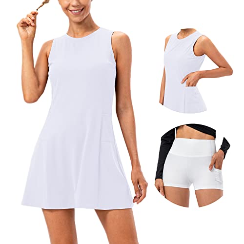 Damen Tennis Golf Kleid mit Shorts Outfit Sets Ärmellos 4 Taschen Athletic Sport Gym Workout Übung Kleider, Weiss/opulenter Garten, Mittel von IMEKIS