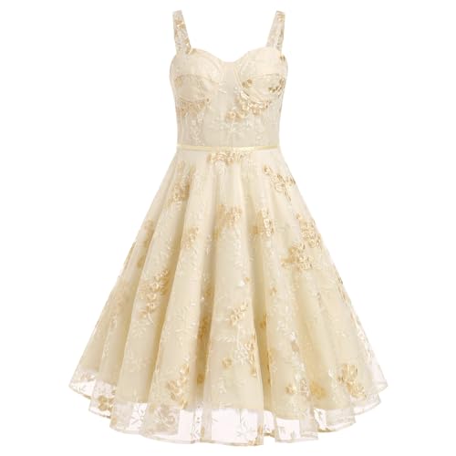 Damen Vintage Cocktail Swing Kleid A-Linie Spaghetti Träger Blume Stickerei Mesh Kleid Elegante Hochzeit Brautjungfer Partykleid Ballkleid Aprikose L von IMEKIS