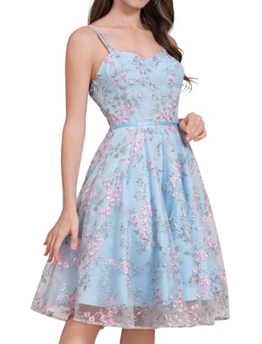 Damen Vintage Cocktail Swing Kleid A-Linie Spaghetti Träger Blume Stickerei Mesh Kleid Elegante Hochzeit Brautjungfer Partykleid Ballkleid Blau L von IMEKIS