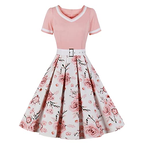 Damen Vintage Cocktailkleid Abendkleid Kurzarm V Ausschnitt 1950er Jahre Polka Dots Retro Swing Kleid A Linie Blumendruck Hochzeit Partykleid Prom Ballkleid mit Taillengürtel Rosa L von IMEKIS