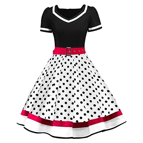 Damen Vintage Cocktailkleid Abendkleid Kurzarm V Ausschnitt 1950er Jahre Polka Dots Retro Swing Kleid A Linie Blumendruck Hochzeit Partykleid Prom Ballkleid mit Taillengürtel Weiß 3XL von IMEKIS